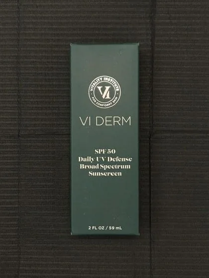 VI DERM SPF 50 Daily UV Defense Broad Spectrum Sunscreen, boxed, photographed by MJ